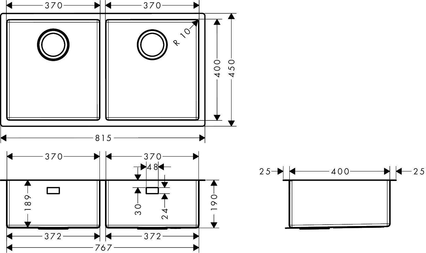 hansgrohe Sinks: S71, S719-U765 Under-mount sink 370/370, Item No